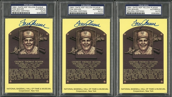 Lot of (3) Tom Seaver Signed Hall of Fame Yellow Plaque Cards (PSA/DNA AUTH)